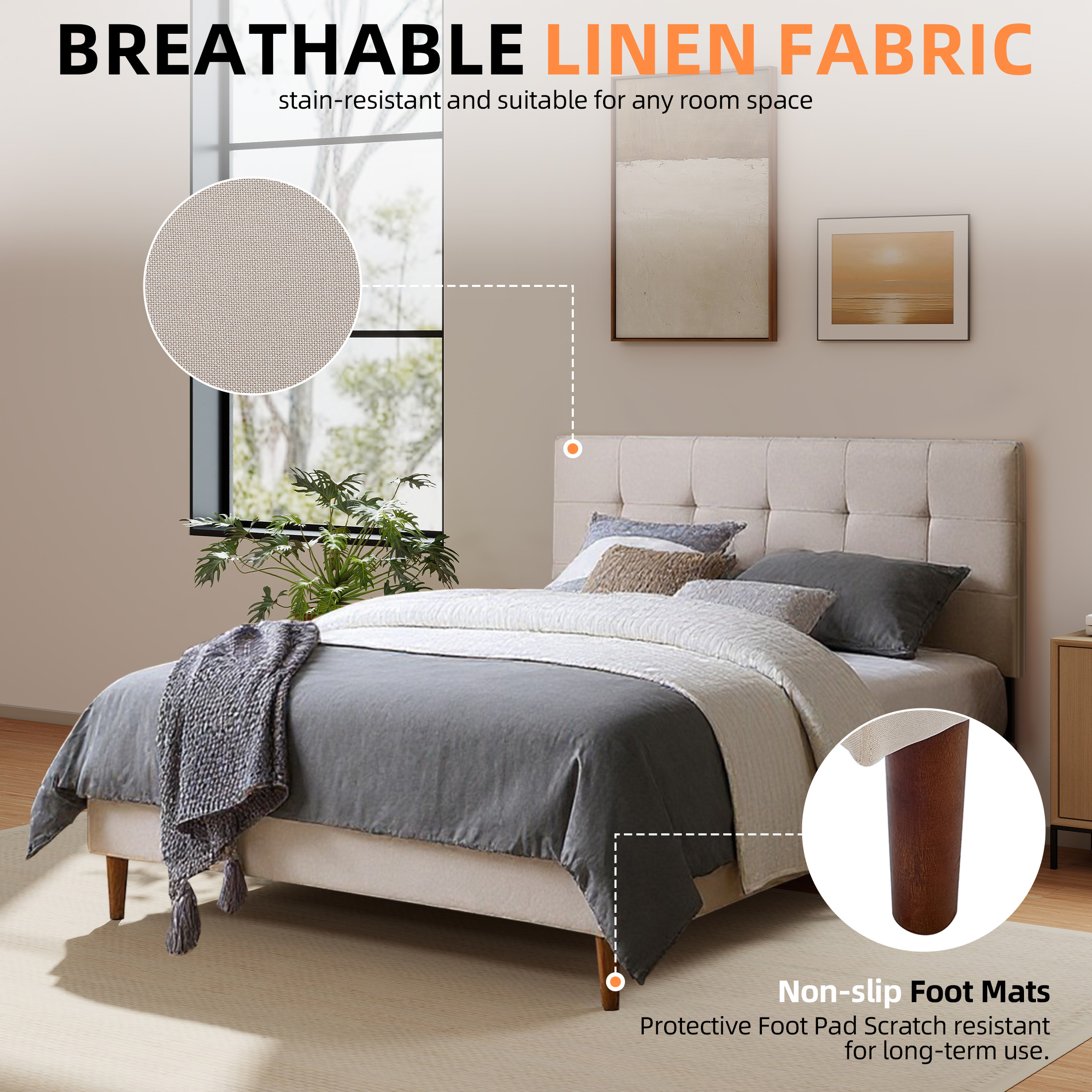 AENKYO Twin Size Upholstered Platform Bed Frame, Tufted Low Profile Design with Adjustable Headboard, Beige