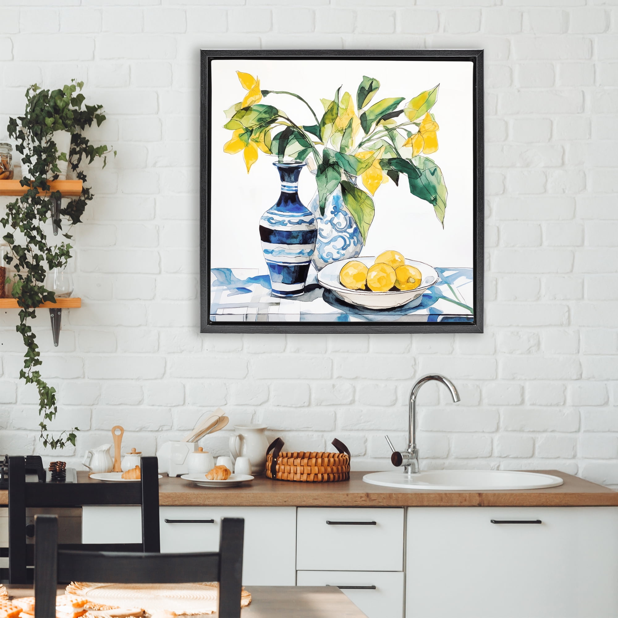 Stupell Industries Lemons & Leaves Table Setting Black Framed Floater Canvas Wall Art, design by Ray Powers