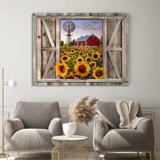 Sunflower Wall Art Canvas Print Rustic Wall Decor Sunflower Field Red Barn And Windmill Painting Framed Modern Artwork for Living Room Bedroom Bathroom Office Home Decor 12x16 In