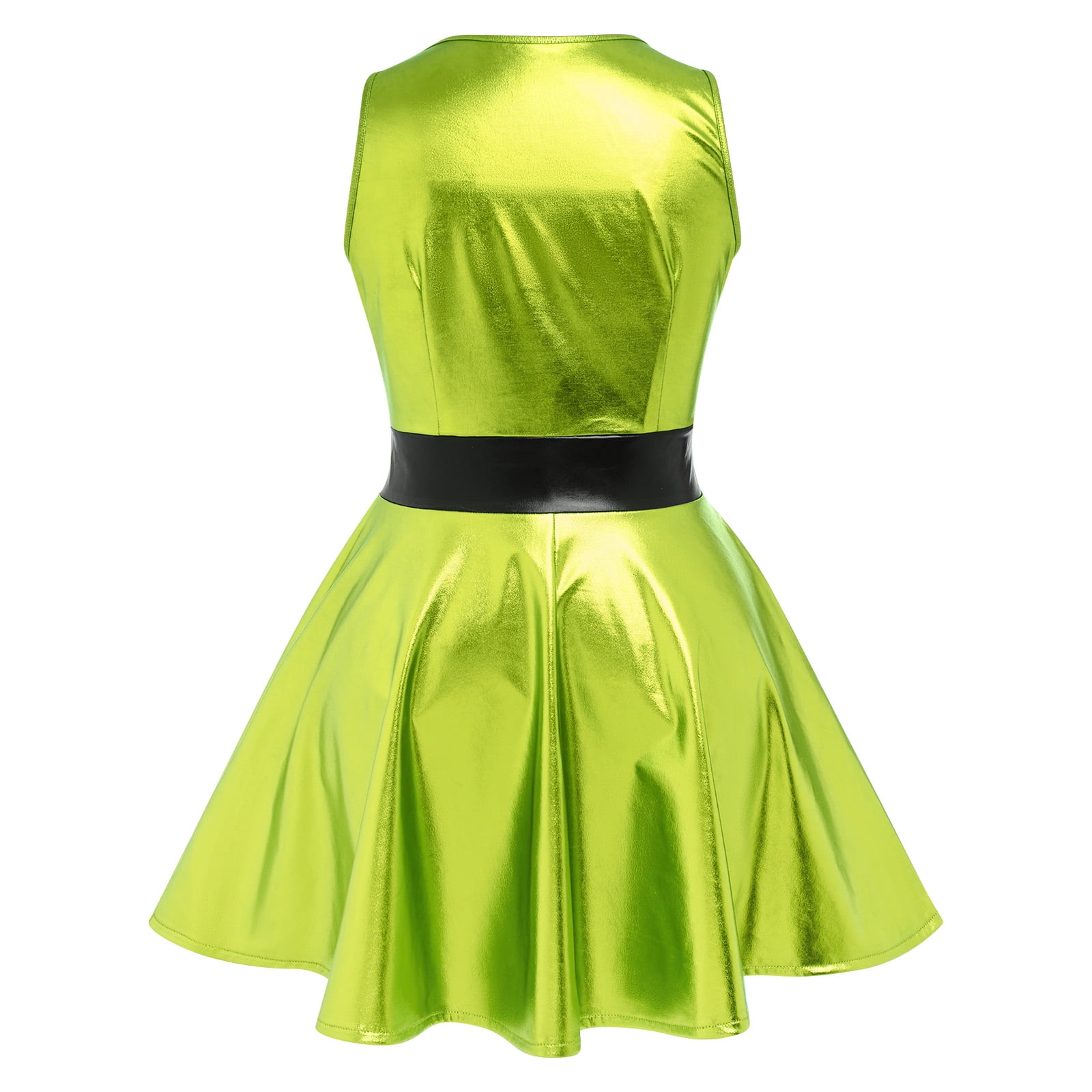 IBTOM CASTLE Women's Shiny Metallic Dress Sexy Sleeveless Mini Skater Dress Holographic Party Rave Dance Clubwear Anime Cosplay Halloween Clothes XXL Green