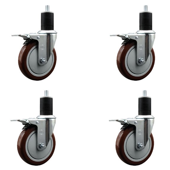 5 Inch Maroon Poly Swivel 1-3/4 Inch Expanding Stem Caster Set Total Lock Brake