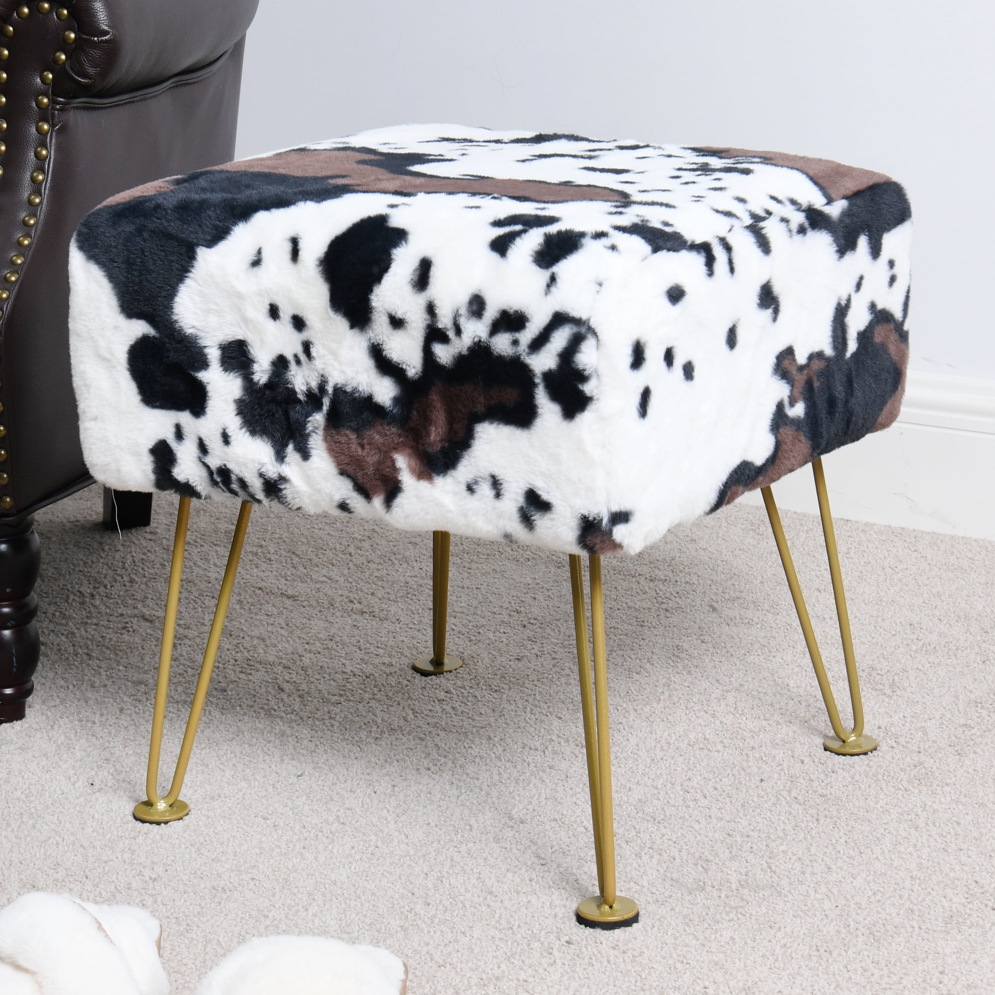 Home Soft Things Faux Fur Ottoman - Cows Flowers - Gold Leg - 17x17x17"