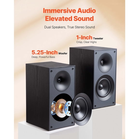 Passive Bookshelf Speaker, 300W, Book Shelf Stereo Speakers with 5.25-Inch Woofer and 1-Inch Tweeter, Detachable Grille, 65Hz-20KHz Frequency Response