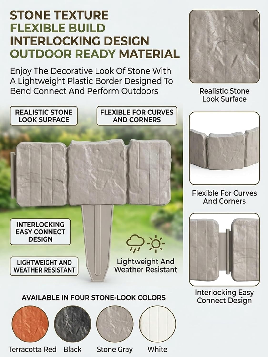Plastic Garden Retaining Fence Garden Edging Landscape Flower Bed Edging Borders Faux Stone for Landscaping Lawn Blocks Interlocking No Dig Flexible Weather Resistant Outdoor Beds