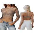 thumbnail image 4 of Hauts d'Été en Maille Transparente pour Femmes Manches Longues Col Strass Ajusté Crop Tops, 4 of 5
