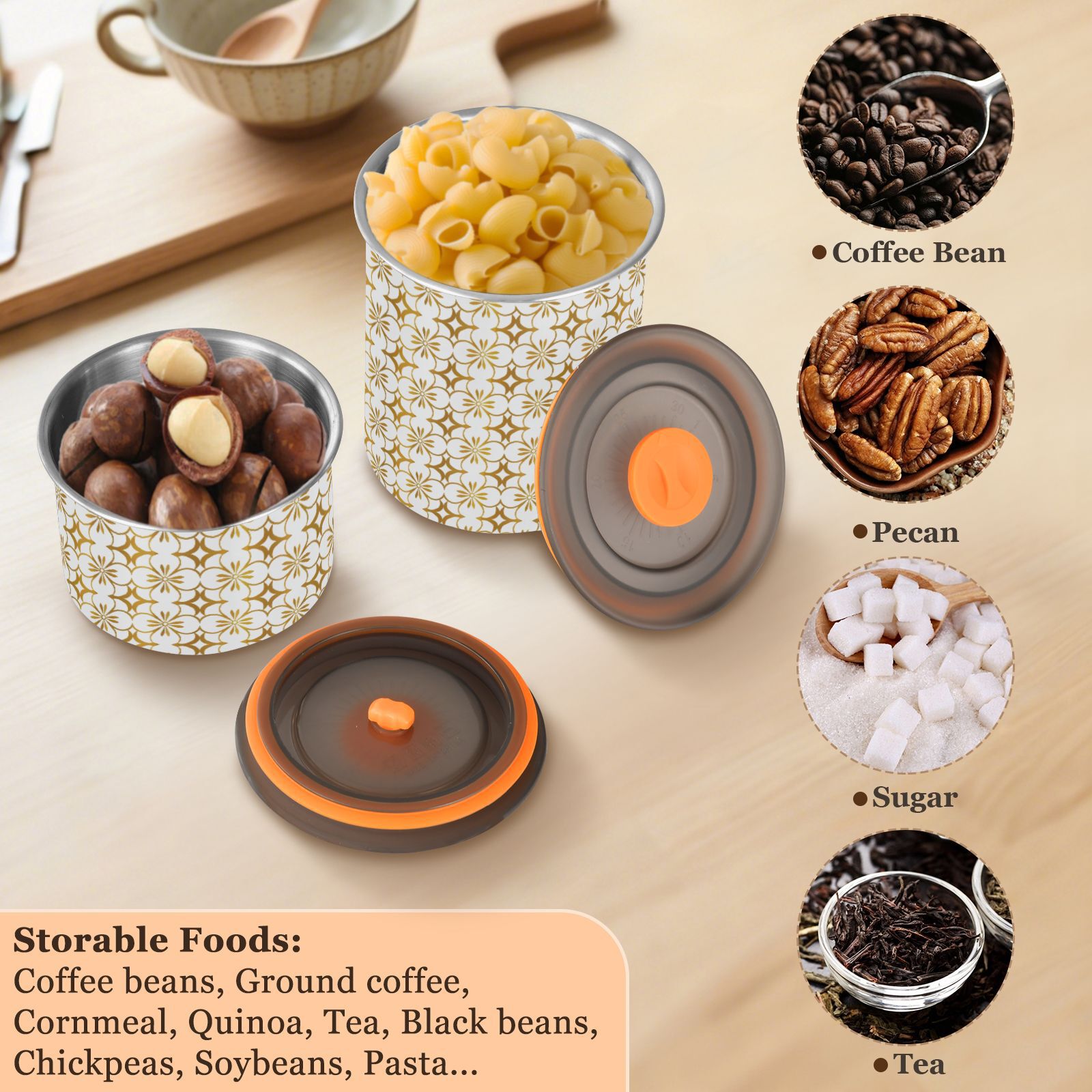 Gold Geometric Flower Airtight Coffee Bean Canister 30oz Food Storage Containers with Lids For Gournd, Tea, Sugar, Flour, Rice, Cereal, Candy Cookie Jar