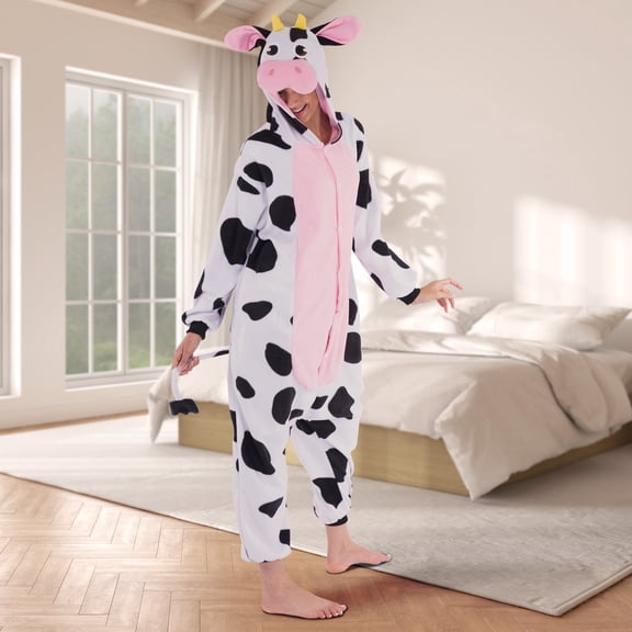 Joyfy Adult Pajamas Plush jumpsuit One Piece Cow Costume for Halloween Party Dress Up