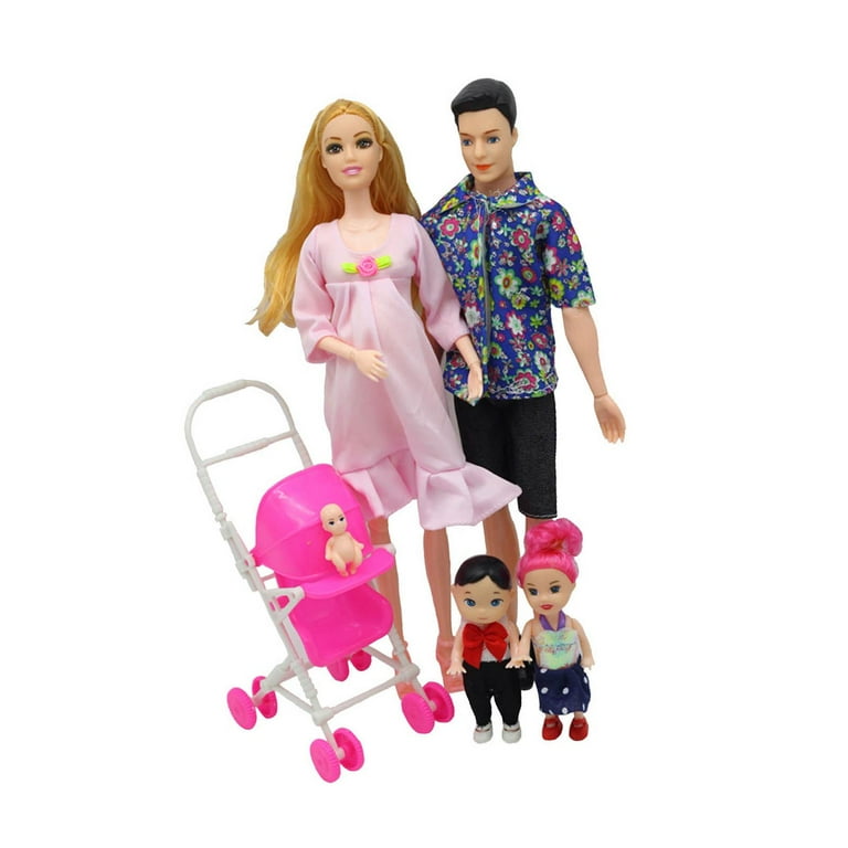 Family Doll Set with Dad Pregnant Mom and 1 Daughter and 1 Son