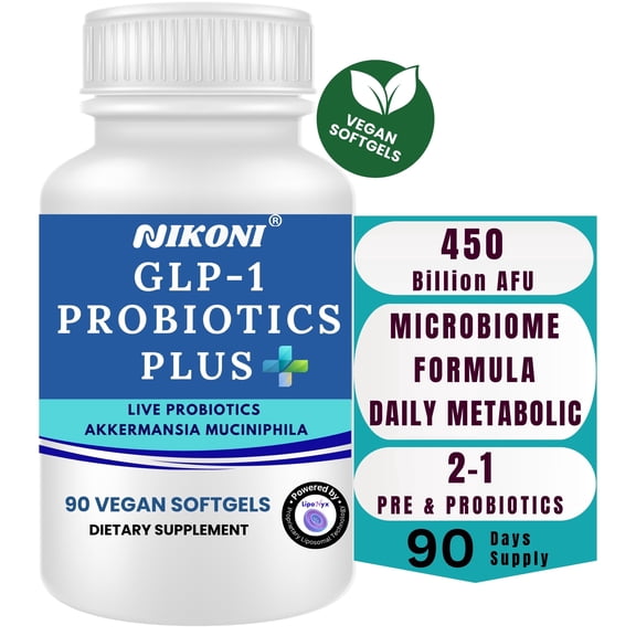 Nikoni Probiotics Plus 450 Billion CFU with Prebiotics Supports GLP-1 Pathways Vegan Softgels-90 Count