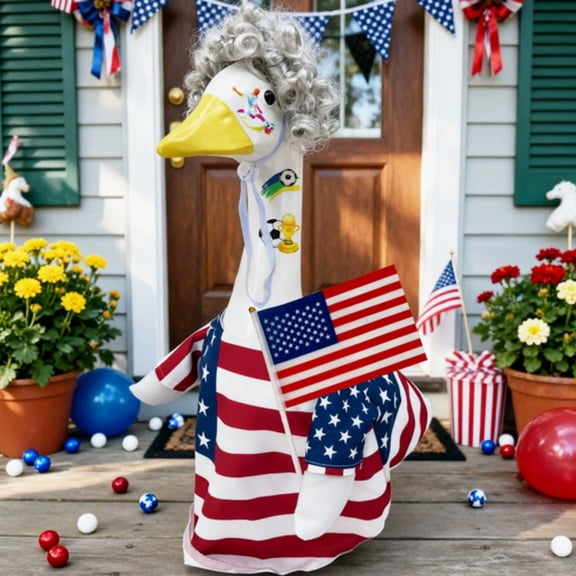 LOWLHOME Patriotic Flag Yard Goose Outfit,Patriotic Flag Outfit With Wig Fits Standard Yard Geese,Clothing Wig Sticker Set,Themed Outdoor Holiday Decor,Fits 24 to 28 Inch Geese
