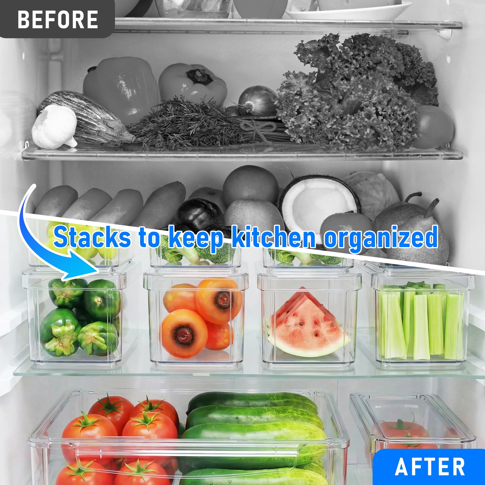 10 Pack Clear Fridge Storage Bins with Lids, Stackable Food Containers with Curved Handle, Kitchen Produce Saver for Fruits, Vegetables and Meat