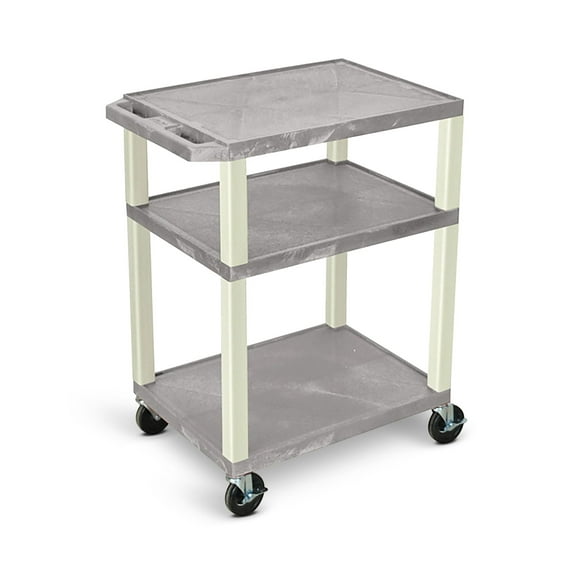 Luxor 18" x 24" x 34" Tuffy Three Shelf Flat Utility Cart With Staggered Shelf Height - Gray With Putty Legs
