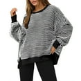 thumbnail image 2 of BODOAO Women's Fall Oversized Sweatshirt Casual Waffle Knit Long Sleeve Crewneck Split Pullover Tunic Tops Knit Striped Shirt Lightweight Fall Pullover Sweater Black L, 2 of 9