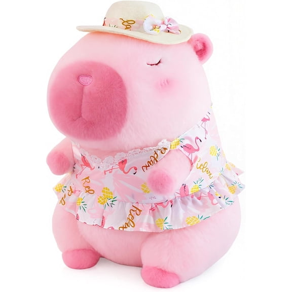 30cm Pink Capybara Plush Toy with Straw Hat and Flamingo Dress, Soft Stuffed Animal Doll for Kids, Home Decoration, Birthday Holiday Gift