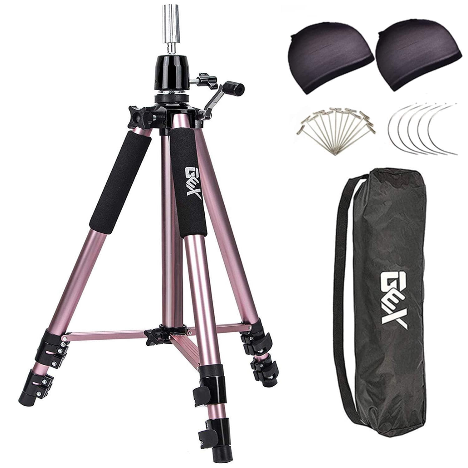 GEX Upgraded Heavy Duty Canvas Block Head Tripod Cosmetology Training Doll Head Stand Mannequin Manikin Head Tripod Wig Stand With Travel Bag (Rose Gold(Version 2.0))
