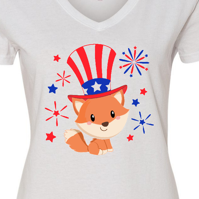 Inktastic 4th of July Cute Fox with Blue and Red Fireworks Women's V-Neck T-Shirt - image 3 of 4