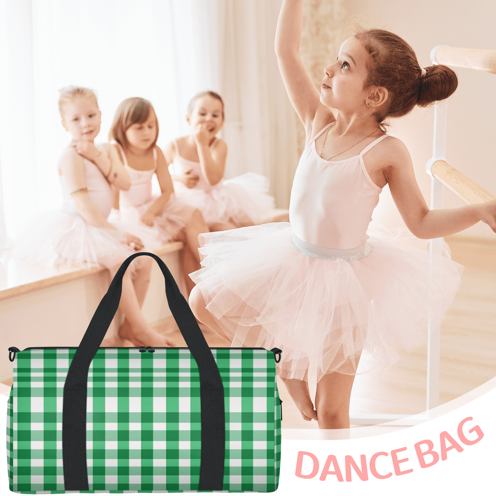 Herdesigns Green and White Checkered Gym Bag for Women, Duffle Bag for Travel Sport, Plaid Design Lightweight Waterproof Carry on Weekender Dance Yoga Workout Bags