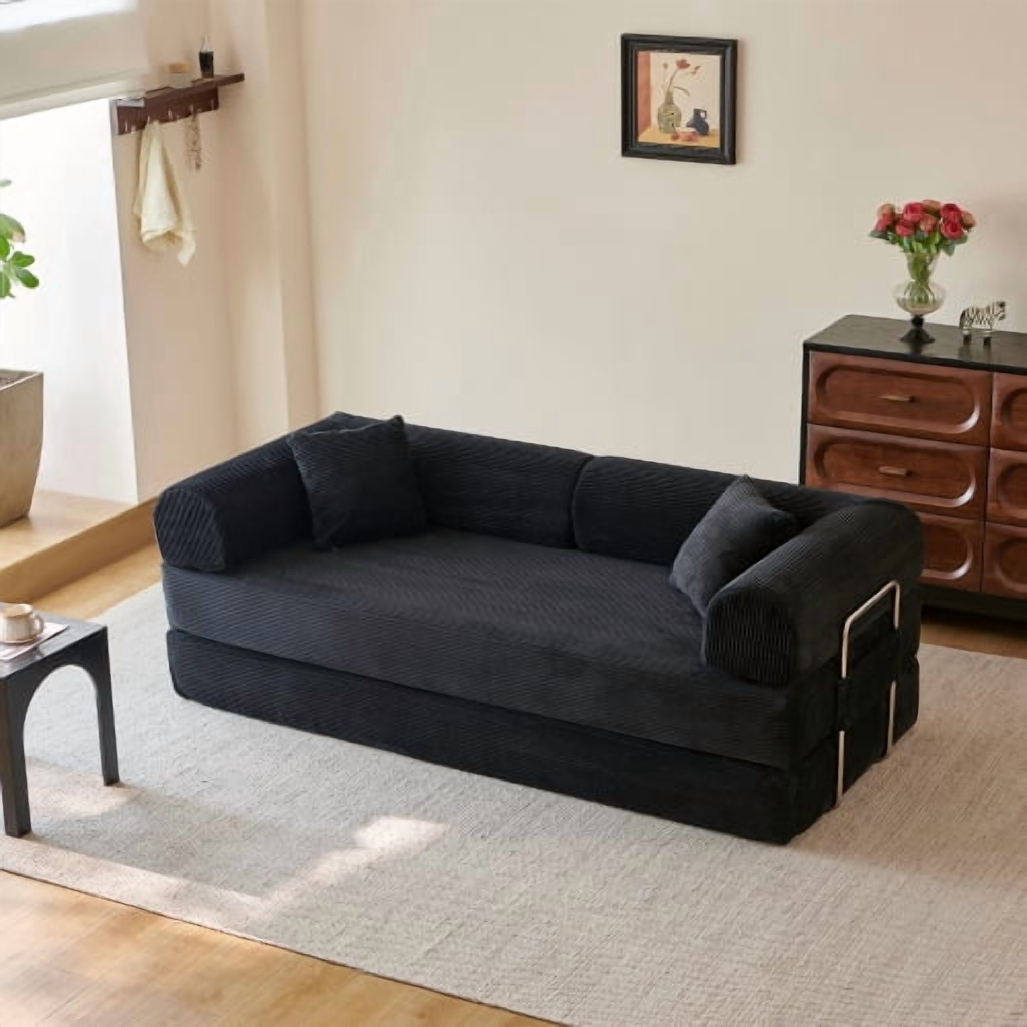 78.8" Convertible Sofa Bed, Convertible Boneless Modular Sectional Futon Loveseat, Sleeper Couch for Living Room Bedroom, No Assembly Required, Black