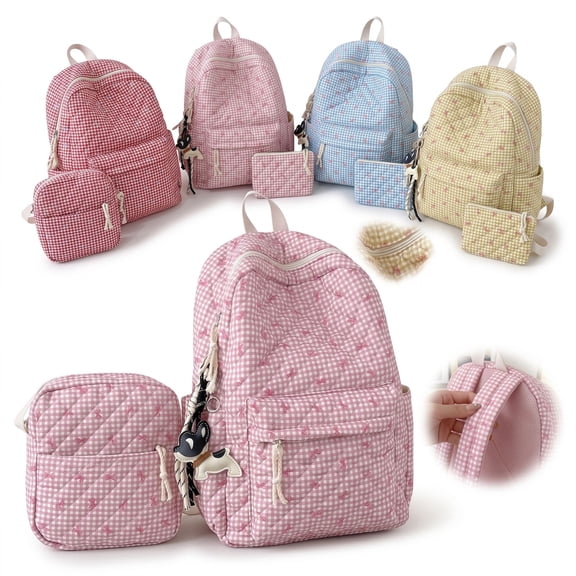 Quilted Gingham Floral 3 Piece Backpack Set, Lightweight Soft Plaid Laptop Daypack with Matching Crossbody Bag & Storage Pouch for Daily Commute Weekend Travel