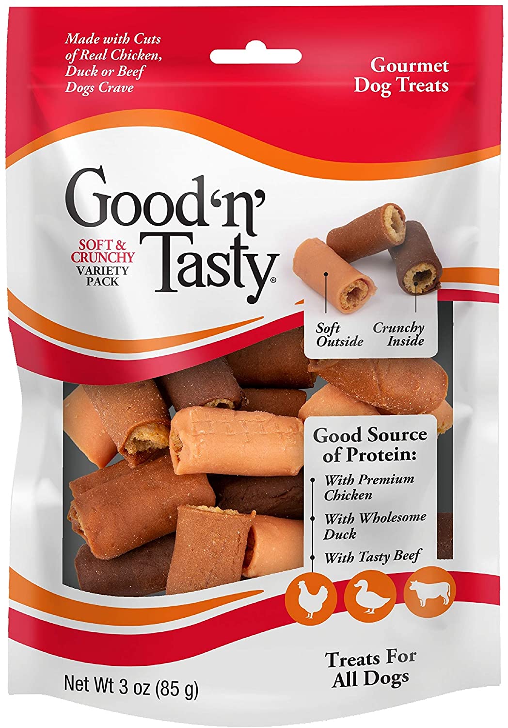 Good 'n' Tasty Soft and Crunchy Rolls, Gourmet Treats for All Dogs with Real Chicken, Duck & Beef, 3 oz.