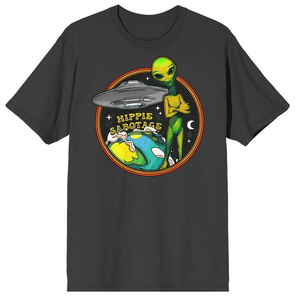 Hippie Sabotage Alien & Spaceship Above Earth Crew Neck Short Sleeve Charcoal Men's T-shirt - Medium