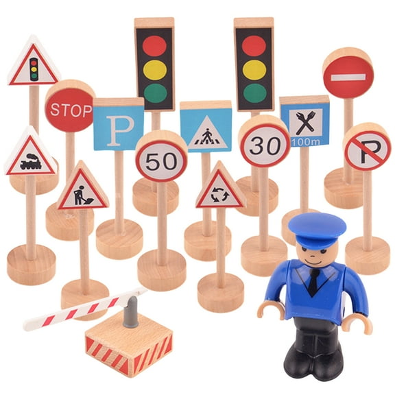 Fznkrag 16Pcs Wooden Street Signs Toys,Traffic Signs Lights Playset,Model Road Construction Traffic Sign Set,Children Educational Toy for Kids Birthday Gift