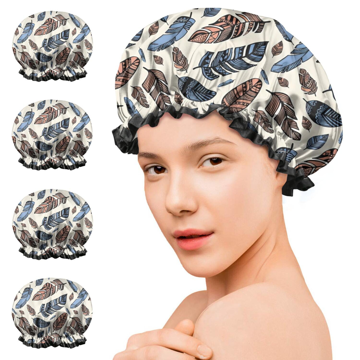 Shower Caps,Blue and Brown Feather Pattern Waterproof Shower Cap for Women 4 Pieces,Double Reusable Hair Cover for Shower PEVA Elastic Stretch Hem