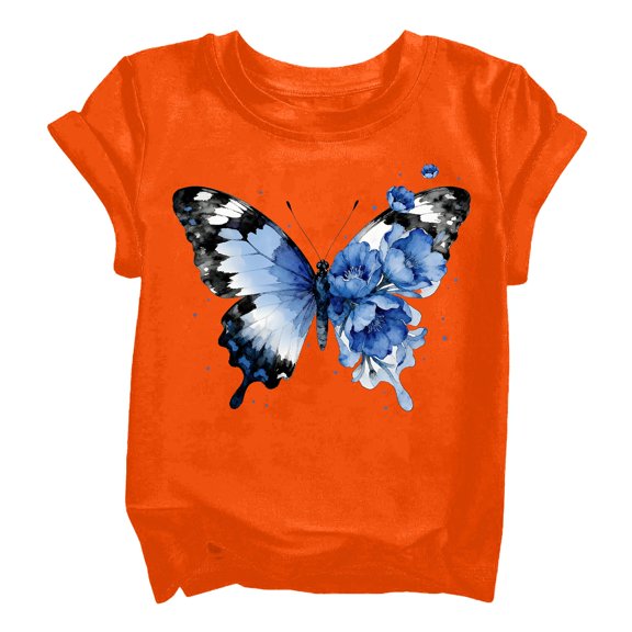 YunPes Cap Sleeve T-shirts for Girls Colorful Butterfly Print Crewneck Blouse Tee Kids Casual Loose Fit Pullover Summer Tops