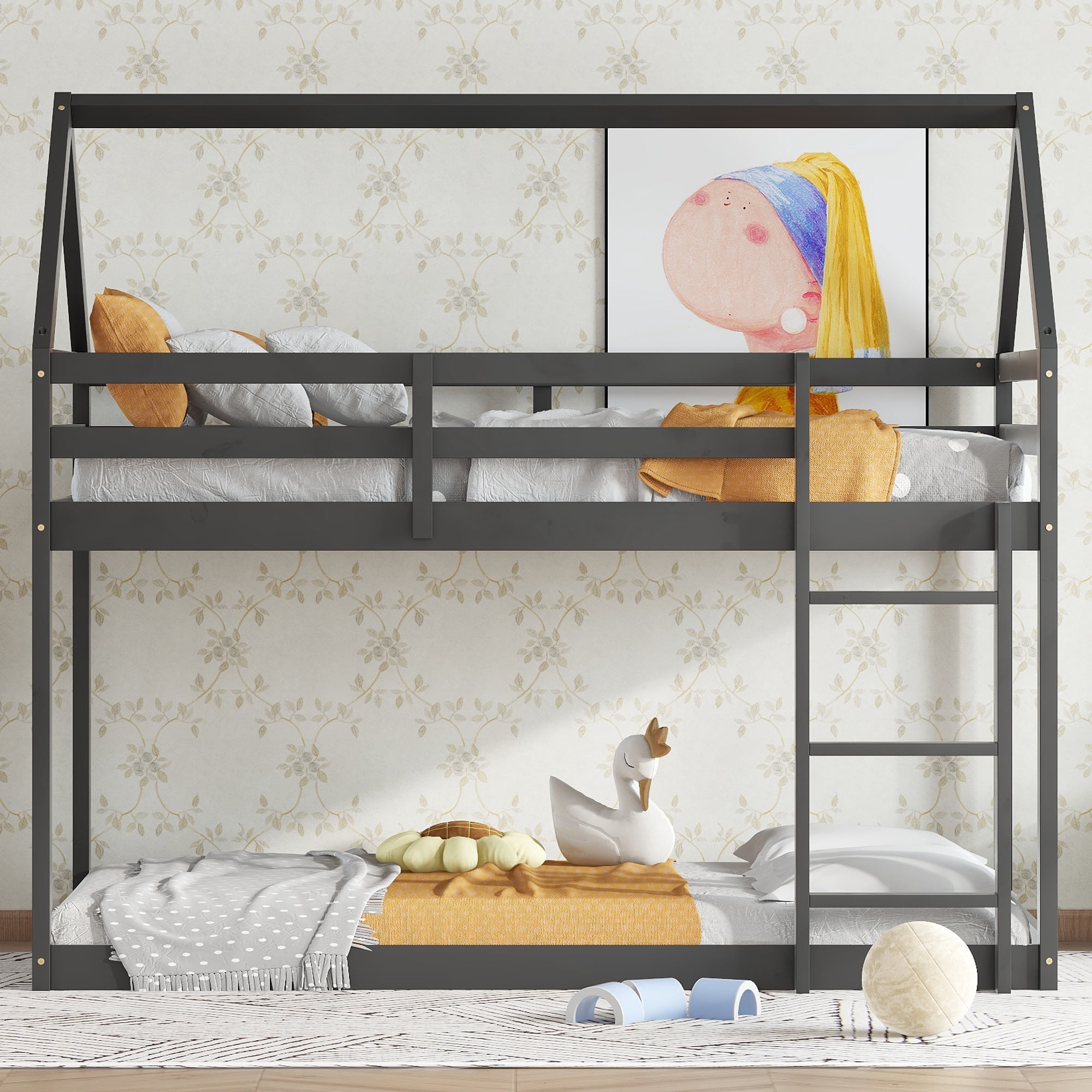 PORKISS Bunk Bed Twin Over Twin, Kids Low Floor Bunk Bed with Guard Rails for Children Boys Girls Dormitory Bedroom, Rubber Wood Bunk Bed, No Box Spring Needed, Black #