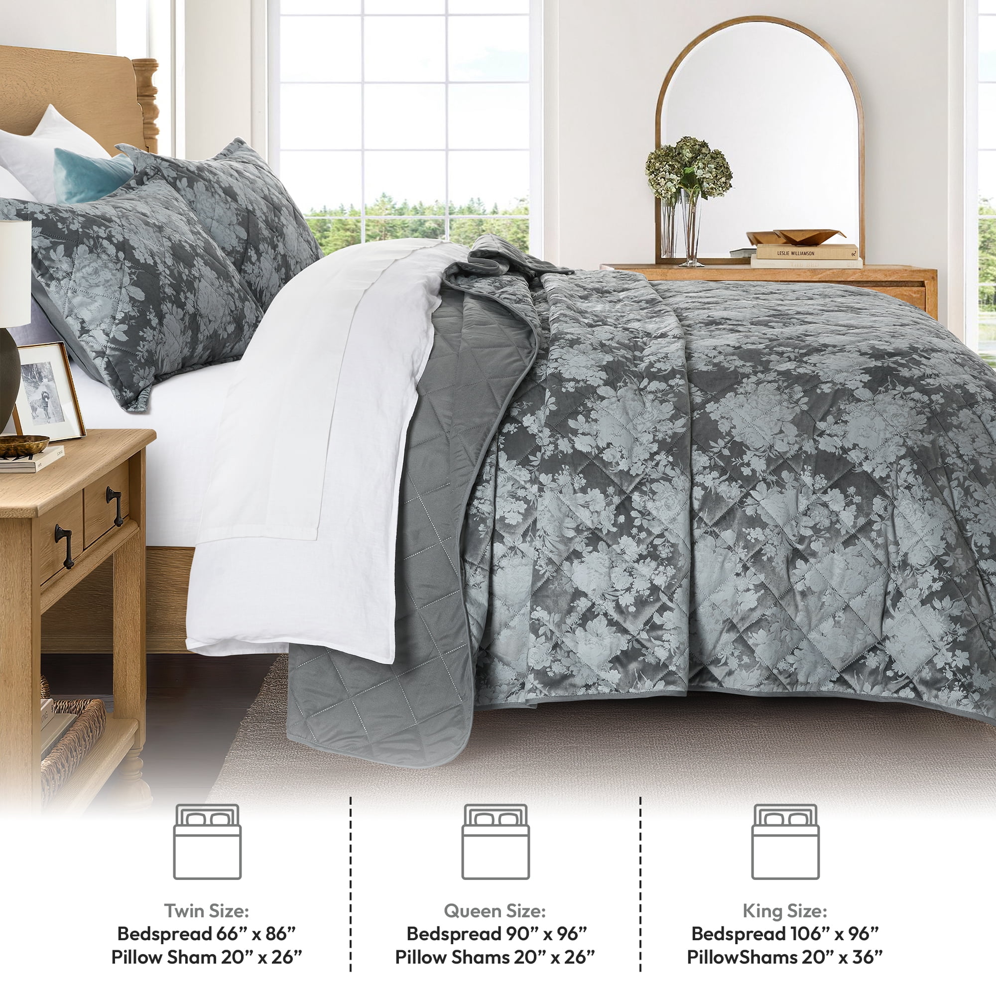 IR Imperial Rooms Velvet Bedspread Floral Pattern 3-Piece Set Ultrasonic Embossed Quilt Reversible Soft Microfiber Coverlet Queen Size Grey