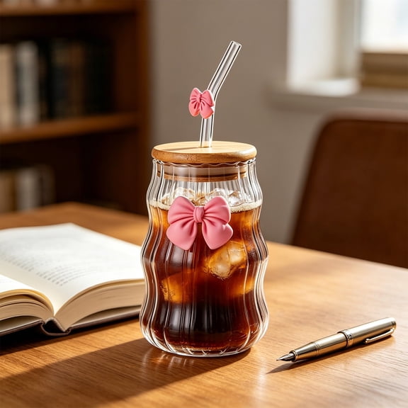 Glass Water Cup with Lid and Straw, 450ml Glass Tumbler with Decorative Accent, Cold Brew Iced Coffee Cup for Home Office Outdoor Drinking