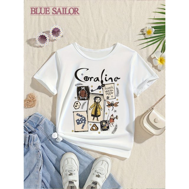 Camiseta casual rosa de moda para niña BLUE SAILOR | Cómoda camiseta de algodón con cuello redondo y manga corta - Estampado de dibujos animados "Cordline" original, ideal para jóvenes.