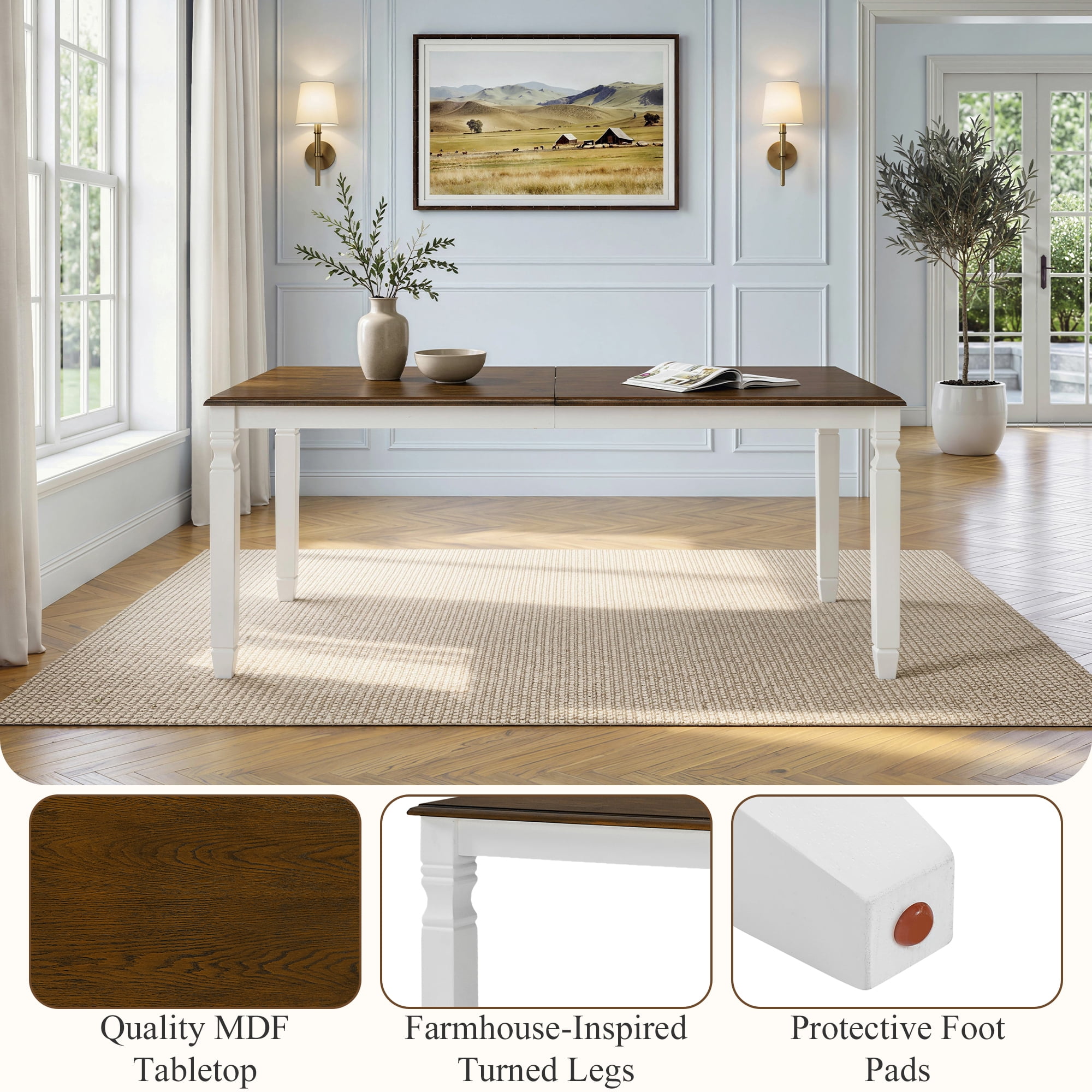 Euroco 6-Piece Dining Table Set for 6, Extendable Kitchen Table Set with 4 Upholstered Chairs and 1 Bench,Farmhouse Dining Set for Small Space, Easy Assembly,Brown + Beige