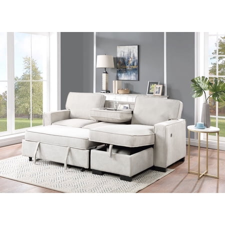 Estelle 86.5" Beige Fabric Reversible Sleeper Sectional with Storage Chaise Drop-Down Table 2 Cup Holders and 2USB Ports