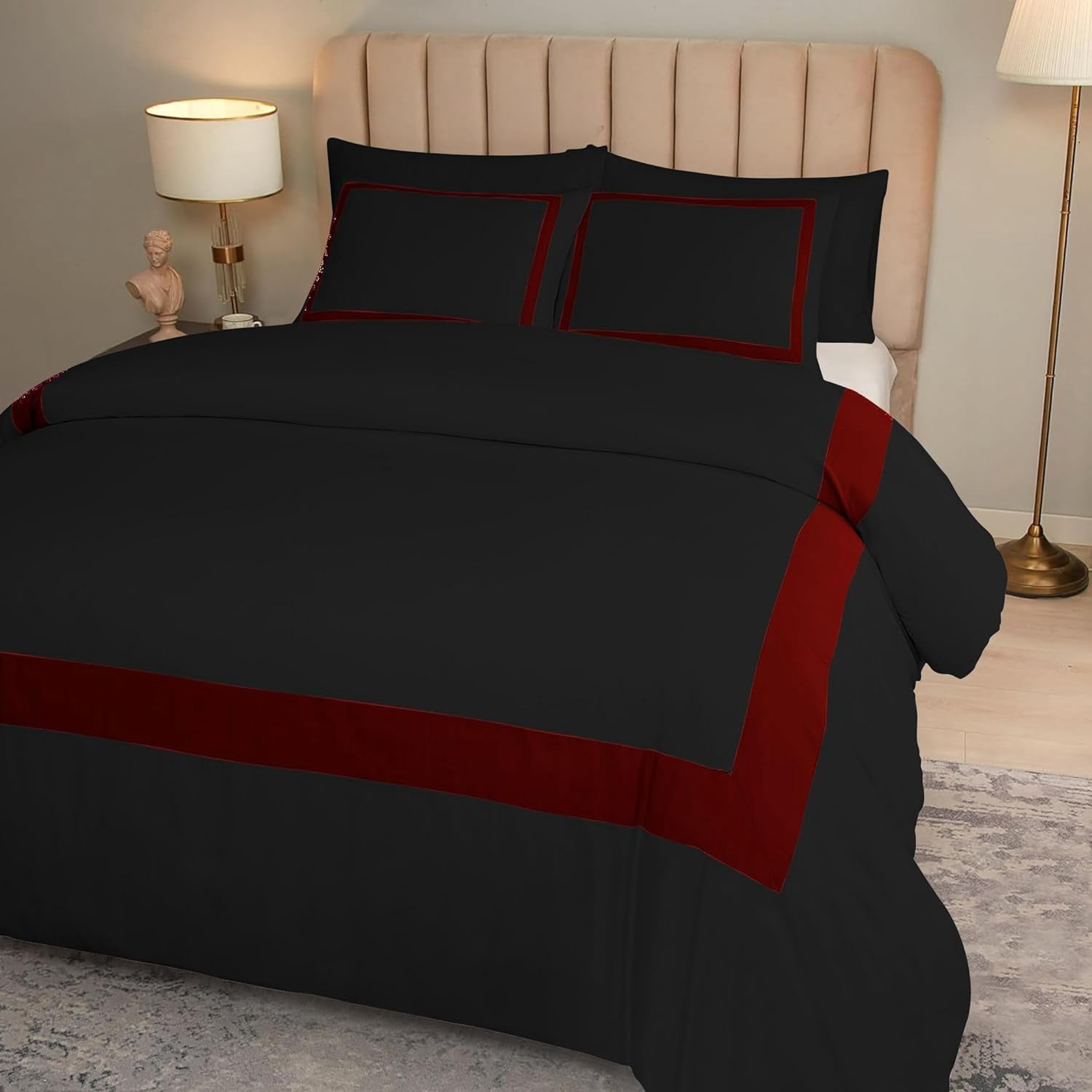 DNG Creations 1 Piece Full Black And Burgundy Border Line Pattern Duvet Cover - 100% Egyptian Cotton, 800 Thread Count ( Oversized King )