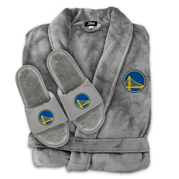 Unisex ISlide  Gray Golden State Warriors Faux Fur Slide Sandals & Robe Bundle