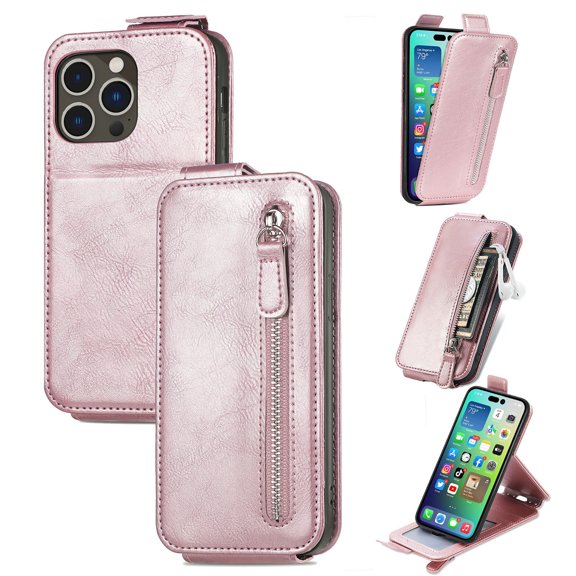 SaniMore for iPhone 14 Pro Max Magnetic Closure Top & Bottom Flip Wallet Case, Premium PU Leather Cover with Car Mount Card Slot & Adjustable Kickstand Full Body Protective Shell, Rosegold