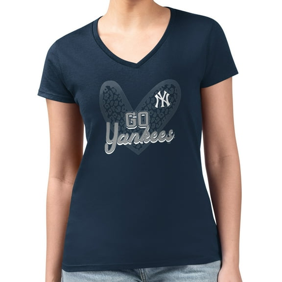 Women's G-III 4Her by Carl Banks Navy New York Yankees Super-Slim Fit Lightweight Leopard Heart V-Neck T-Shirt