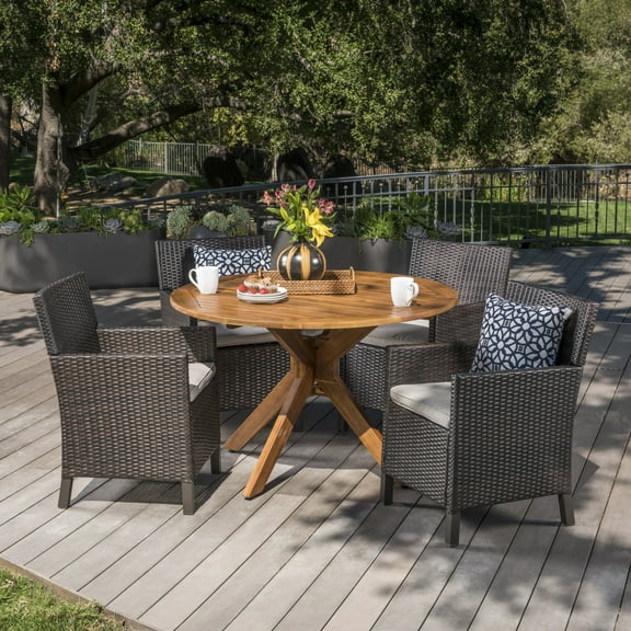 GDF Studio Kirby Outdoor Acacia Wood and Wicker 5 Piece Dining Set with Cushion, Teak and Multibrown