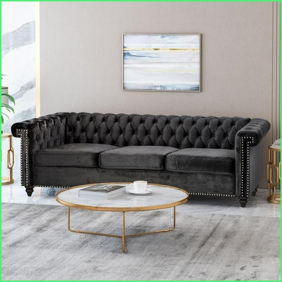 3-Seater Black Chesterfield Velvet Sofa – Deep Button Tufting & Nail Heads | Rolled Arms | Tight Back | Living Room