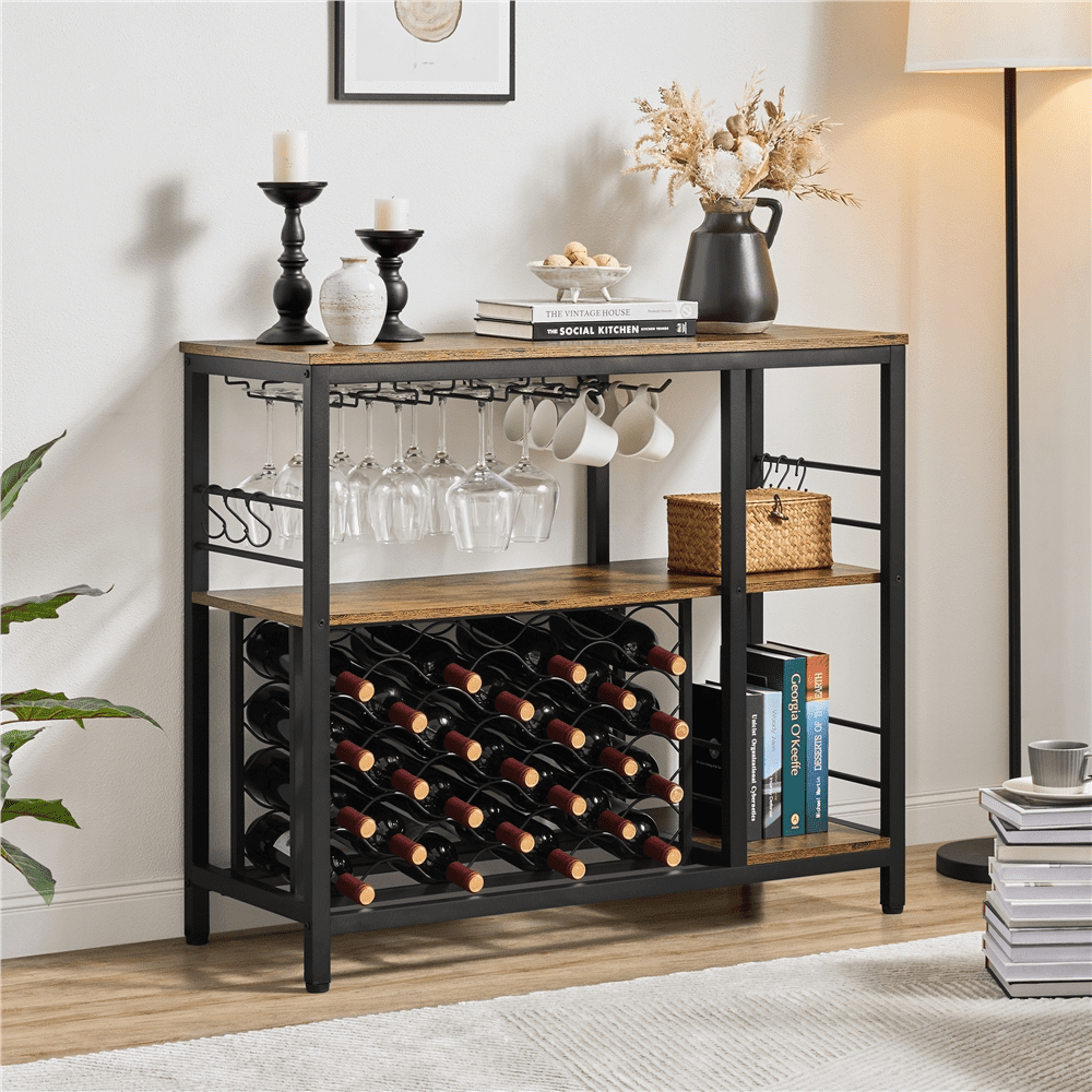 Topeakmart Home Bar Industrial Wine Rack Table with Glass Holder Rustic