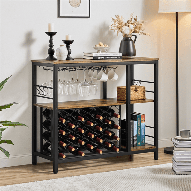 Topeakmart Home Bar Industrial Wine Rack Table with Glass Holder Rustic