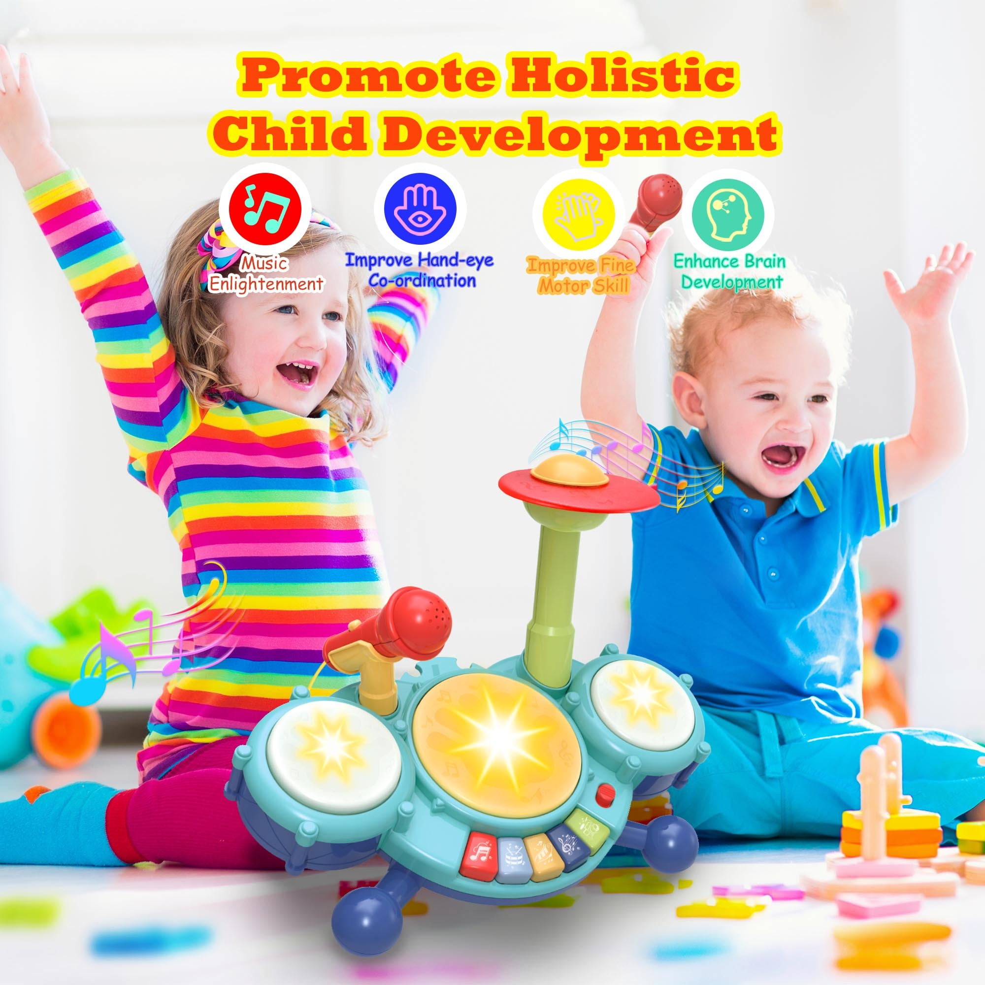 Contixo Kids Drum Set with Lights and Sounds, 5 Playback Modes Musical Instrument for Ages 2 to 5, Blue