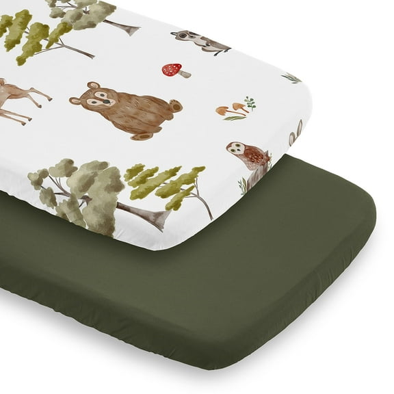 Sweet Jojo Designs Watercolor Woodland Forest Animals Collection Green Brown and Red Baby Bassinet Fitted Sheets 2 Piece Set