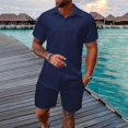 thumbnail image 5 of Men's Summer 2-Piece Set, Solid Color Jacquard Short Sleeve Button-Down Lapel Shirt and Shorts, Lightweight Casual Outfit For Vacation and Beach,Navy,2XL, 5 of 6