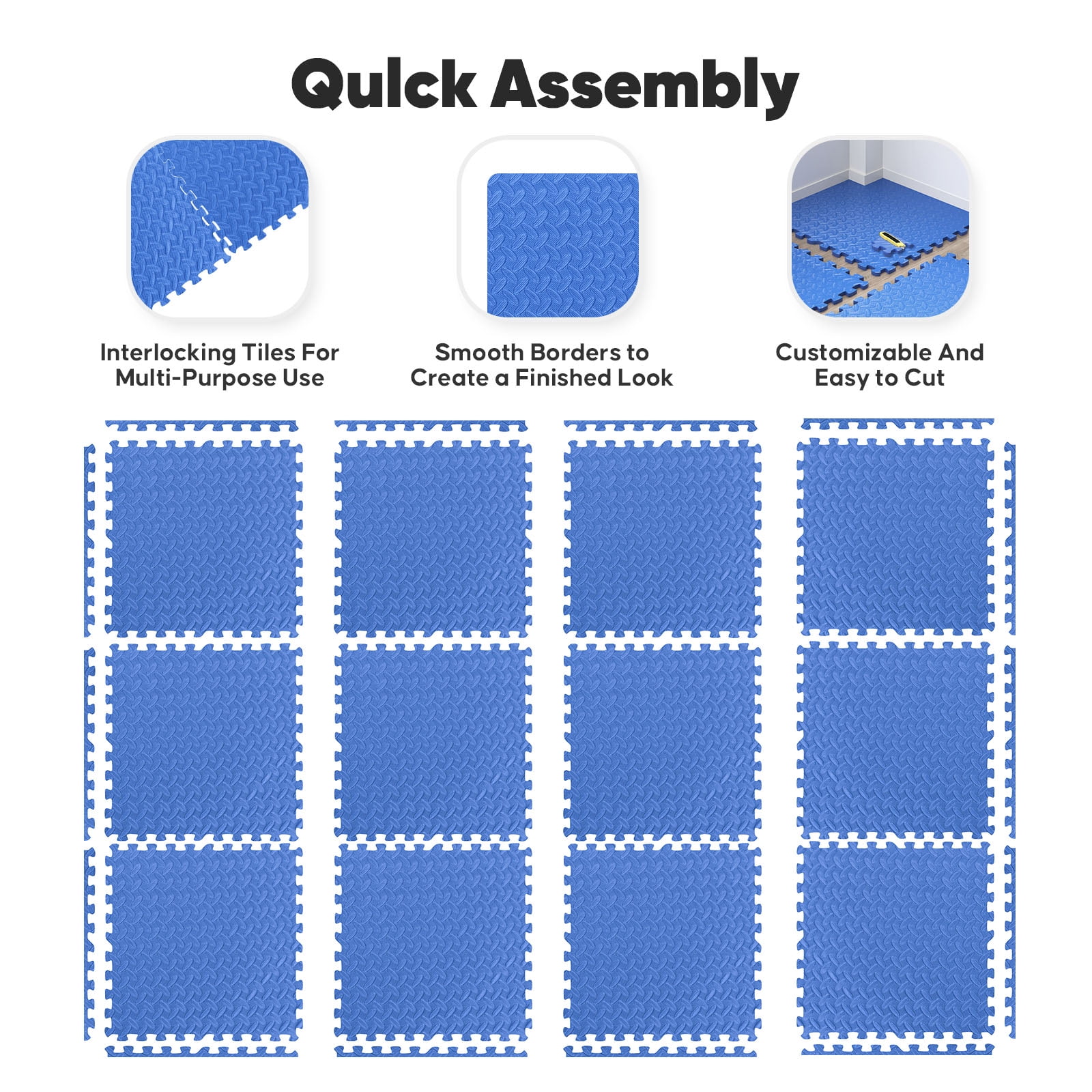 Home Gym Mat, Puzzle Exercise Mat, EVA Interlocking Foam Floor Tiles for Home Workout Equipment and Kids' Play Areas - Blue, 24 in x 24 in x ½ in - 32 Tiles