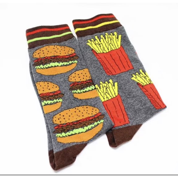 Burger & Fries Cartoon Socks, Womens & Mens Fun Novelty Crew Character 360 Degree Artwork Designed Socks