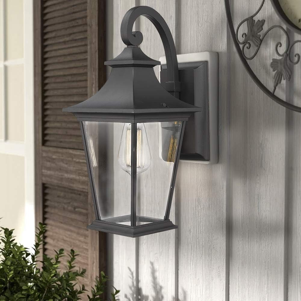 Emliviar Outdoor Wall Lantern, 18" Exterior Wall Mount Light with Clear Glass in Black Finish, 500181