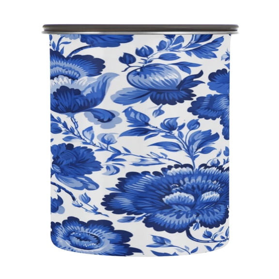 500ml Stainless Steel Food Storage Containers Blue Floral Pattern Airtight Kitchen Canisters with Vacuum Lid for Coffee Tea Flour Sugar Grains