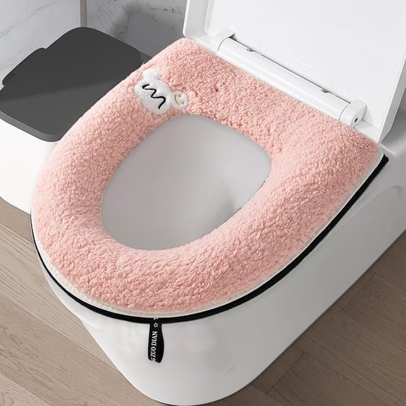 Kumdkd Pink Thickened Toilet Seat Cover with Handle, Winter Warm Waterproof Toilet Seat, Removable Soft Fabric Toilet Lid Cover for Cold Weather, Universal Fit for Most Toilets, Easy Clean